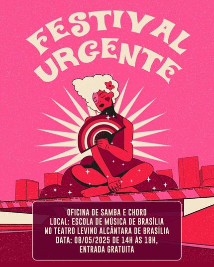 Cartaz em tons de rosa, vermelho e amarelo claro. Uma figura feminina está sentada, com as pernas cruzadas, de olhos fechados, cabeça inclinada e segurando um leque. Atrás e em volta dela, alguns raios solares.