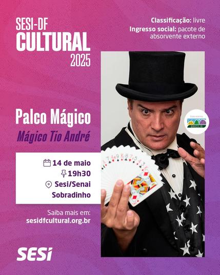 À direita, foto de um mágico caracterizado com smoking e cartola. À esquerda, informações que estão no post.