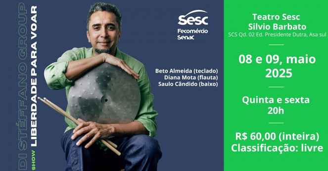 Cartaz com as informações divulgadas no post. Na foto, um homem sentado segura um prato de bateria e duas baquetas. Ele está com camisa verde clara e calça brim azul.