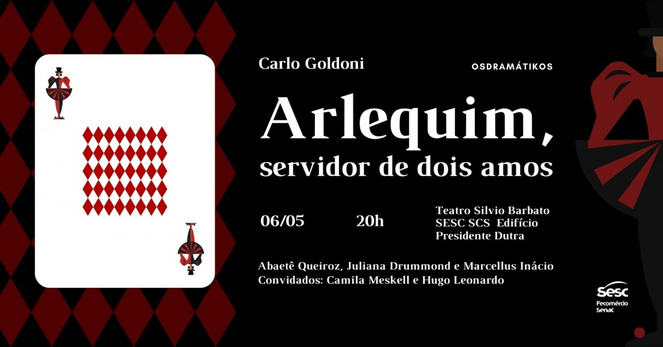 Cartaz do espetáculo com as informações do post e arte inspirada na carta curinga do baralho.