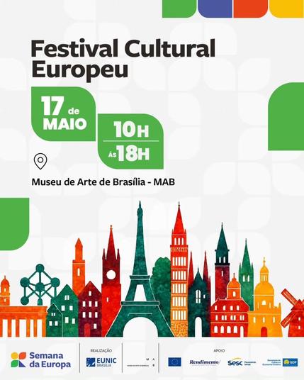 Cartaz com parte das informações do post. Arte é um desenho com vários prédios simbólicos da Europa, um ao lado do outro.