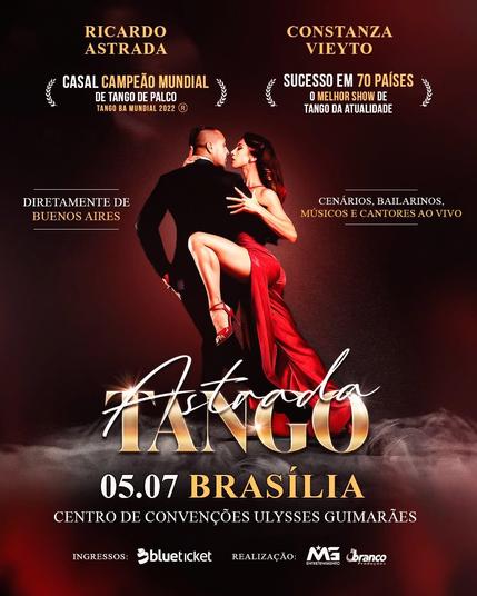Cartaz de divulgação com as informações do post. Foto mostra o casal em uma das posições tradicionais do Tango, em que a perna da dama está dobrada e elevada, "prendendo" o cavalheiro.