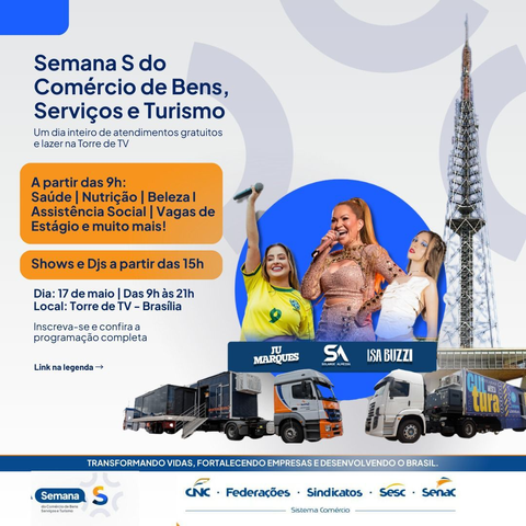 Cartaz de divulgação com informações do post. A foto tem os caminhões de serviços do Sesc, as três cantoras principais do evento e a Torre de TV.