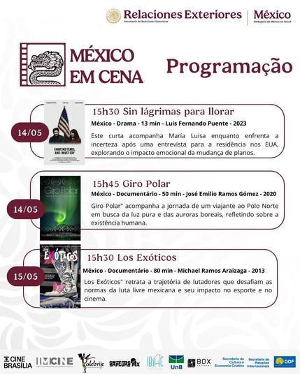 sinopses dos filmes:

Sin lágrimas para llorar - Este curta acompanha María Luisa enquanto enfrenta a incerteza após uma entrevista para a residência nos EUA, explorando o impacto emocional da mudança de planos.

Giro Polar - O documentário acompanha a jornada de um viajante ao Polo Norte em busca da luz pura e das auroras boreais, refletindo sobre a existência humana.

Los Exóticos - O documentário retrata a trajetória de lutadores que desafiam as normas da luta livre mexicana e seu impacto no esporte e no cinema.