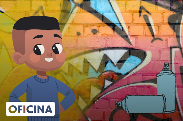 Desenho colorido de um menino em frente a um muro com grafite.